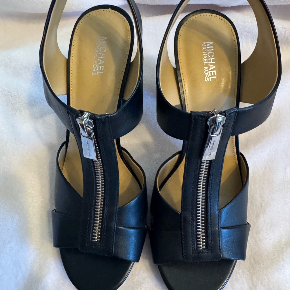 Michael Kors Black T-Strap Chunky Heels with Silver Zipper
